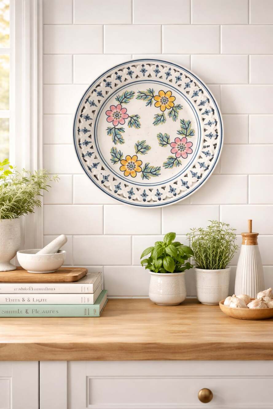 Vintage Hand-Painted Floral Pierced Lattice Rim Decorative Wall Plate 10 Inch
